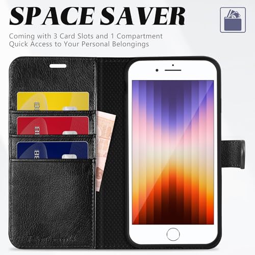 TUCCH Case Wallet for iPhone SE 2022/ iPhone 7/8/SE 2020, Textured Black | 3 Card Holders, Kickstand, PU Leather, Shockproof TPU Shell, Magnetic Closure, Protective Folio Cover - color: Black - Textured