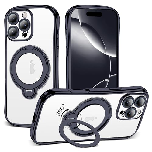 Clear Phone Case for iPhone 16 Pro 6.3", Black | Compatible with iPhone 16 Pro Case with 360° Rotatable Magnetic Ring Stand Full Camera Lens Protector Plating Mag-safe Case - color: Black, size: Iphone 16 Pro