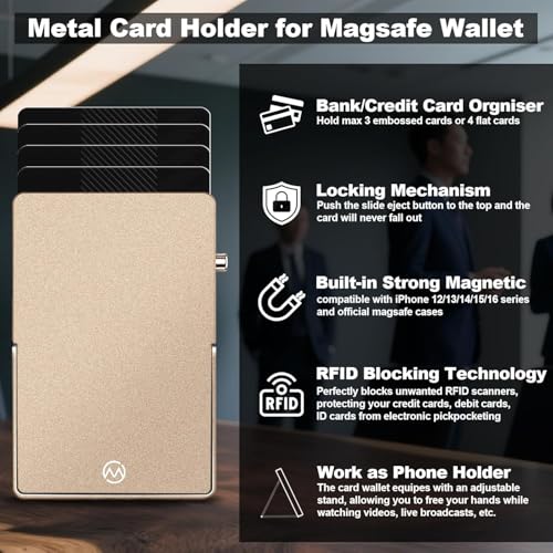 Magnetic Phone Wallet with Adjustable Stand,Pop up Phone Card Holder Quick Access to Bank/Credit Cards, 3.93 * 2.96 * 0.31 Inches Compact Metal Case with RFID Blocking Protection (Titanium Gold) - color: Titanium Gold
