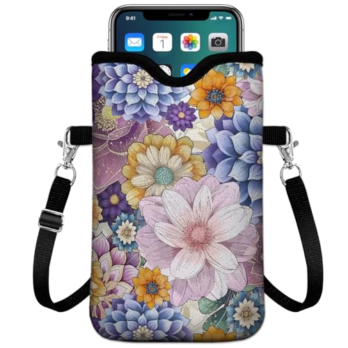 Universal Phone Sleeve Pouch with Crossbody Strap 7.6 X 4.3 Inches Shockproof Water Resistant Mobile Protection Bag-Purple Boho Floral Neoprene Phone Pouch Bag - color: Purple Boho Floral-Phone Pouch