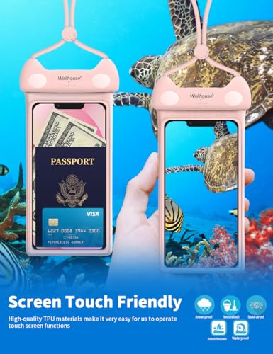 wellhouse Waterproof Phone Pouch, Waterproof Phone Case for iPhone17 16 15 14 Pro Max XS Samsung, IPX8 3D Cellphone Dry Bag Beach Essentials -2 Pack Meow Green & Pink 7.0 - color: 2 Pack - Meow Green & Pink 7.0"