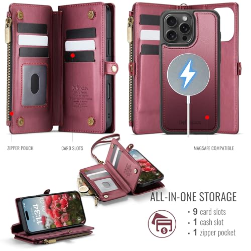 Defencase for iPhone 16 Pro Max Case Wallet Compatible with Magsafe, W-Red | Drop-Proof Magnetic Detachable Phone Cases Cover, with RFID Bolcking Card Holder, Zipper Strap, PU Leather, Removable Wallet - color: (Detachable with Magsafe)-Wine Red