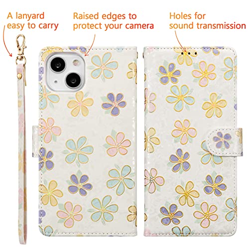 UEEBAI Wallet Case for iPhone 13, PU Leather Phone Cover Kickstand RFID Blocking Flip Case Card Slots Wrist Strap Relief Engraved Pattern Magnetic Closure Flower Folio Wallet, White Daisy - color: White Daisy, size: iPhone 13