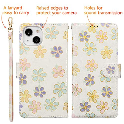 UEEBAI Wallet Case for iPhone 13, PU Leather Phone Cover Kickstand RFID Blocking Flip Case Card Slots Wrist Strap Relief Engraved Pattern Magnetic Closure Flower Folio Wallet, White Daisy - color: White Daisy, size: iPhone 13