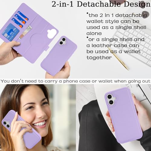Ｈａｖａｙａ for iPhone 16 Case Detachable Wallet Case with Card Holder，2 in 1 Pu Leather Flip Folio Credit Card Slots Stand Compatible Magsafe Magnetic Shockproof Phone Cover (6.1")-Purple - color: Purple-Detachable