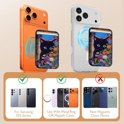 Compatible with Magsafe Wallet Magnetic Card Holder - Black Cat Flowers Phone Wallets for Women Teen Girls Cute for iPhone 17/16/15/14/13/12 Series Slim for Apple Mag RFID Magnet,Fit 3 Cards - color: Black Cat Flowers