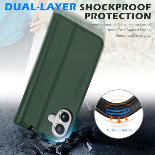 SHIELDON Genuine Leather Wallet Case for iPhone 17 6.3" 2025, Evergreen | RFID Blocking, Credit Card Holder, Magnetic Closure, Kickstand, Folio Design, Full Protection, Shockproof Phone Cover - color: Evergreen