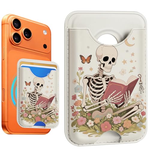 Compatible with Magsafe Wallet Magnetic Card Holder -White Skeleton Book Phone Wallets for Women Teen Girls Cute for iPhone 17/16/15/14/13/12 Series Slim for Apple Mag RFID Magnet,Fit 3 Cards - color: White Skeleton Book