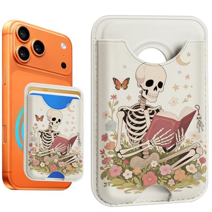 Compatible with Magsafe Wallet Magnetic Card Holder -White Skeleton Book Phone Wallets for Women Teen Girls Cute for iPhone 17/16/15/14/13/12 Series Slim for Apple Mag RFID Magnet,Fit 3 Cards - color: White Skeleton Book