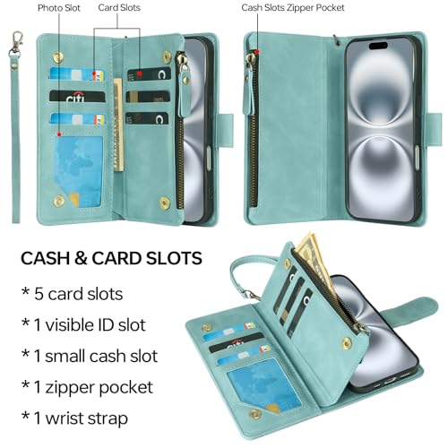 RANYOK Compatible with iPhone 16 Case Wallet - PU Leather Wallet Case for iPhone 16 with Credit Card Holder RFID Blocking Zipper Pocket with Wrist Strap Flip Folio Protective Case (Baby Blue) - color: Light Blue, size: iPhone 16, 6.1"