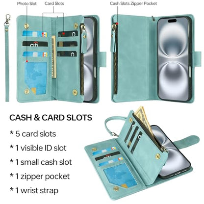 RANYOK Compatible with iPhone 16 Plus Case Wallet - PU Leather Wallet Case for iPhone 16 Plus with Card Holder RFID Blocking Zipper Pocket Flip Folio with Wrist Strap Protective Case (Baby Blue) - color: Light Blue, size: iPhone 16 Plus, 6.7"