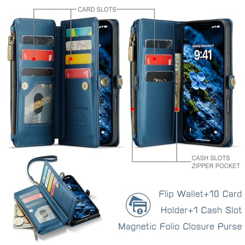 Defencase for iPhone 16 Pro Max Wallet Case with RFID Card Holder, DarkBlue | Durable Soft PU Leather, with Zipper Pocket, Wrist Strap, Fashion Snap Flip Phone Cases Cover with Stand for Women and Men - color: Dark Blue