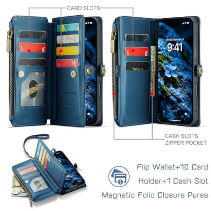 Defencase for iPhone 16 Pro Max Wallet Case with RFID Card Holder, DarkBlue | Durable Soft PU Leather, with Zipper Pocket, Wrist Strap, Fashion Snap Flip Phone Cases Cover with Stand for Women and Men - color: Dark Blue
