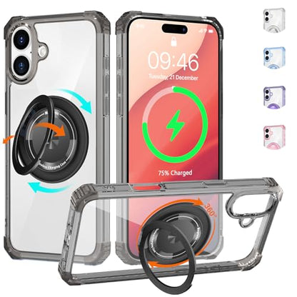 Clear Case for iPhone 16 with Magnetic 360 Rotatable Ring Stand | Military Grade Heavy Duty Cover with 360 Rotatable Ring Kickstand -260417 - color: Clear Black, size: iPhone 16