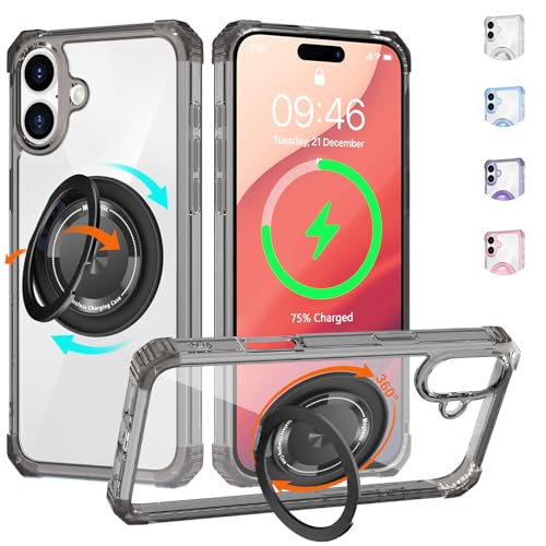 Clear Case for iPhone 16 Plus with Magnetic 360 Rotatable Ring Stand | [ Compatible with MagSafe ], Heavy Duty Military Grade Cover with Ring Kickstand for Women Men, Transparent Black - color: Clear Black, size: iPhone 16 Plus