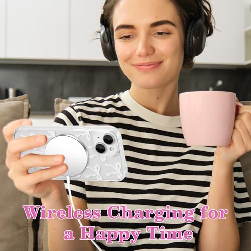 UEEBAI Magnetic iPhone 14 & 13 Case, Bow Compatible With MagSafe, Wireless Slim Clear Ribbon Phone Cover Anti-Yellowing Shockproof Protective for Women Girl - White - color: White, size: iPhone 13/14