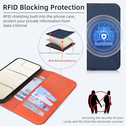 VISOUL Genuine Leather Wallet Case for iPhone 17 Pro Max 6.9" 2025, Pebbled Leather Flip Cover | RFID Blocking 4 Card Holders | Kickstand | Soft Inner Phone Shell | Blue+Orange - color: Blue+Orange