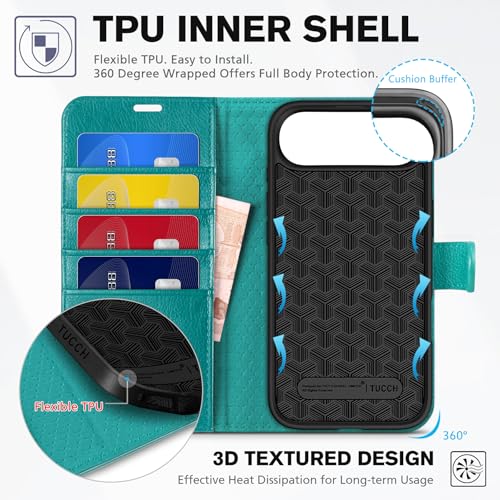 TUCCH Wallet Case for iPhone Air (6.5") 2025, 4 Card Holders, Cyan | RFID Blocking, Viewing Stand, Shockproof TPU Shell, PU Leather, Magnetic Closure, Protective Folio Flip Cover - color: Textured Cyan