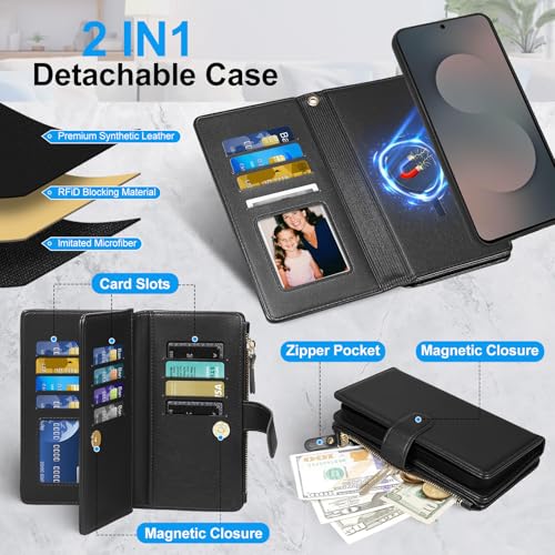 Magnetic Case for Samsung Galaxy S25 Fe Wallet Compatible with Magsafe RFID Blocking Card Holder Detachable Phone Cover Kickstand Snap Strap Zipper Pocket PU Leather (Black) - color: Black, size: Galaxy S25 Fe