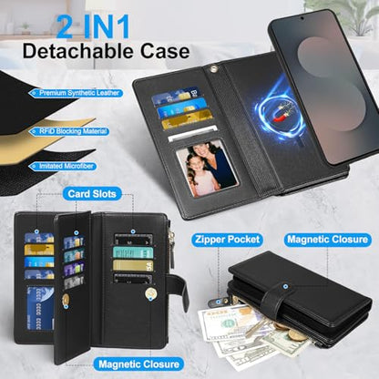 Magnetic Case for Samsung Galaxy S25 Fe Wallet Compatible with Magsafe RFID Blocking Card Holder Detachable Phone Cover Kickstand Snap Strap Zipper Pocket PU Leather (Black) - color: Black, size: Galaxy S25 Fe