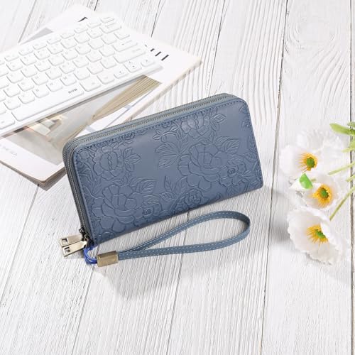 GAEKEAO RFID Leather Wristlet Wallet for Women with Grip Strap | Large capacity clutch wallet, credit card holder, wrist strap, zipper purse, travel and shopping - color: A12 Embossed Ocean Blue-1