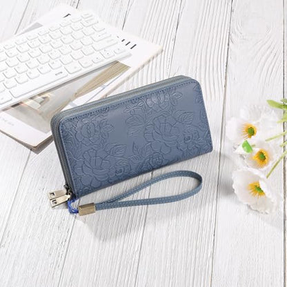 GAEKEAO RFID Leather Wristlet Wallet for Women with Grip Strap | Large capacity clutch wallet, credit card holder, wrist strap, zipper purse, travel and shopping - color: A12 Embossed Ocean Blue-1