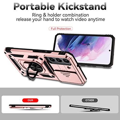 for Samsung Galaxy S22 Case with Camera Lens Cover HD Screen Protector, Dual Layer Military-Grade Drop Tested Magnetic Ring Holder Kickstand Protective Phone Case for Samsung Galaxy S22 5G (Rose Gold) - color: Rose Gold with camera cover Military-Grade 2n