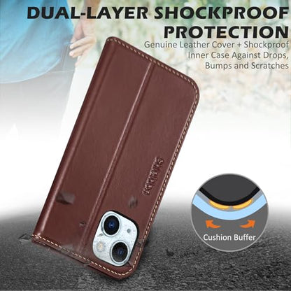 SHIELDON Genuine Leather Wallet Case for iPhone 15 6.1" 2023, Retro Coffee | RFID Blocking, Credit Card Holder, Magnetic Closure, Kickstand, Folio Design, Shockproof Phone Cover - color: Retro Coffee