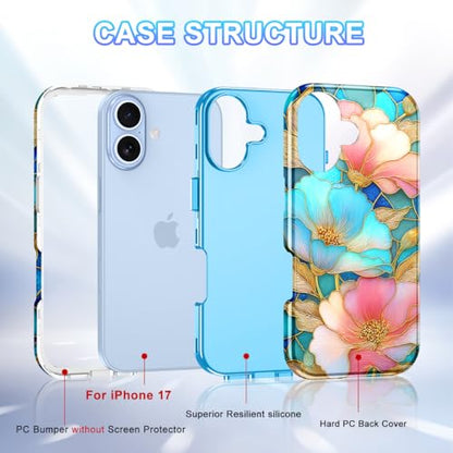 Btscase Compatible with iPhone 17 Case 6.3 Inch 2025,Marble Pattern 3 in 1 Heavy Duty Shockproof Full Body Rugged Hard PC+Soft Silicone Drop Protective Women Girl Phone Cases, Pink Cyan - color: Pink Cyan, size: iPhone 17
