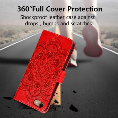 EYZUTAK Case for iPhone 17e/iPhone 16e, Premium PU Leather Magnetic Closure Flip Wallet Phone Case with Card Holder Cash Slot Stand Function Embossed Mandala Flower Shockproof Lanyard Cover - Red - color: Red, size: iPhone 17e/iPhone 16e