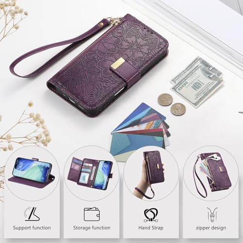 for iPhone 17 Phone Case Wallet, Purple | Built-in Card Holder (8-10 Cards), Zipper Pocket, Wrist Strap, Stand Kickstand, Flower PU Leather Protective Phone Case Women - color: Purple, size: iPhone 17