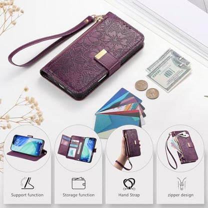 for iPhone 17 Pro Phone Case Wallet, Purple | Built-in Card Holder (8-10 Cards), Zipper Pocket, Wrist Strap, Stand Kickstand, Flower PU Leather Protective Phone Case Women - color: Purple, size: iPhone 17 Pro