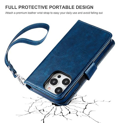Bocasal Detachable Wallet Case Card Holder for iPhone 15 Pro, Blue | RFID Blocking Kickstand Card Slots Holder PU Leather Magnetic Shockproof Wrist Strap Removable Flip Protective Cover 6.1 inch - color: Blue