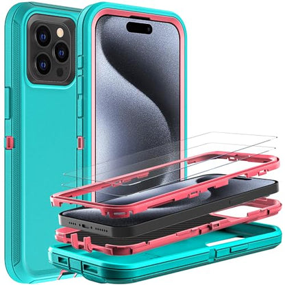 YKHJKLEC for iPhone 15 Pro Case, Military Grade 3 in 1 Heavy Duty Shockproof/Drop Proof/Dust Proof Case with 2Pcs Tempered Glass Screen Protector (Aqua Blue/Pink) - color: Aqua Blue/Pink