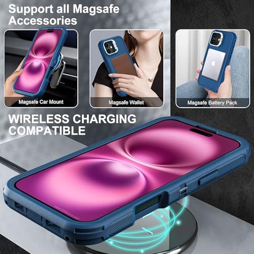 YKHJKLEC for iPhone 16 Plus Case, Military Grade 3 in 1 Heavy Duty Shockproof/Drop Proof/Dust Proof with Kickstand Case, with 2 x Tempered Glass Screen Protector & 1 x Wrist Strap (ZJ-Navy Blue) - color: ZJ-Navy Blue