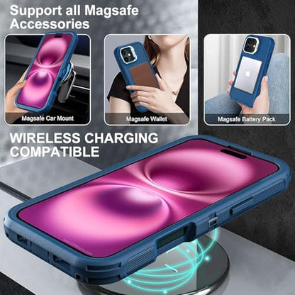 YKHJKLEC for iPhone 16 Plus Case, Military Grade 3 in 1 Heavy Duty Shockproof/Drop Proof/Dust Proof with Kickstand Case, with 2 x Tempered Glass Screen Protector & 1 x Wrist Strap (ZJ-Navy Blue) - color: ZJ-Navy Blue