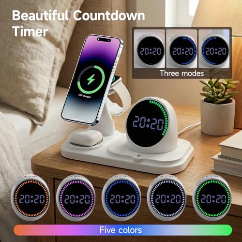 6 -in -1 Wireless Charger Charging Station : Compatibility for iPhone 17 16 15 14 Pro Max Apple Watch, Charger Stand for Apple Devices, with Wireless Speaker and Digital Clock Ambient Lights (White)