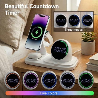 6 -in -1 Wireless Charger Charging Station : Compatibility for iPhone 17 16 15 14 Pro Max Apple Watch, Charger Stand for Apple Devices, with Wireless Speaker and Digital Clock Ambient Lights (White)