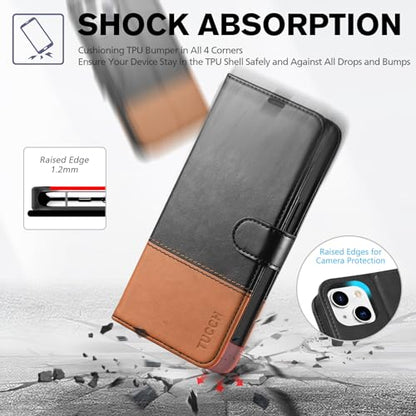 TUCCH Wallet Case for iPhone 14 (6.1") 2022, Flip Stand, Black & Brown | RFID Blocking, 4 Card Holders, Kickstand, PU Leather, Shockproof TPU Shell, Magnetic Closure, Protective Folio Cover - color: Black & Brown