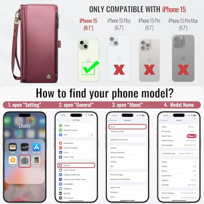 Defencase for iPhone 15 Wallet Case with RFID Blocking Card Holder, WineRed | Durable Soft PU Leather, with Zipper Pocket, Wrist Strap, Fashion Snap Flip Phone Cases Cover with Stand for Women and Men - color: Wine Red