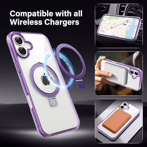 Magnetic Case for iPhone 16 - [Built-in Invisible Stand] [Compatible with MagSafe] [Military Grade Drop Protection] Anti-Yellowing Hard Back Silicone Edge Cover, 6.1", Clear Purple - color: Clear Purple, size: iPhone 16 6.1''