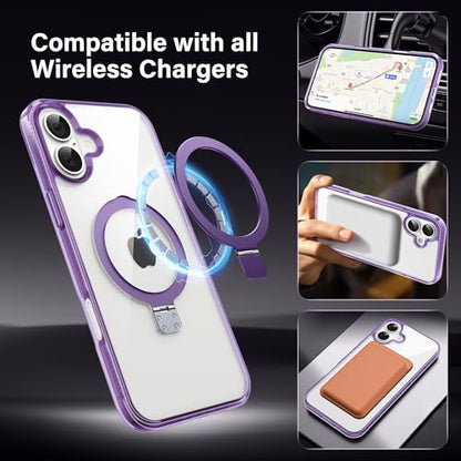 Magnetic Case for iPhone 16 - [Built-in Invisible Stand] [Compatible with MagSafe] [Military Grade Drop Protection] Anti-Yellowing Hard Back Silicone Edge Cover, 6.1", Clear Purple - color: Clear Purple, size: iPhone 16 6.1''