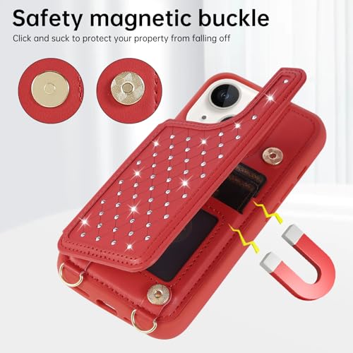 Crossbody Wallet Case for iPhone 11(6.1") with Detachable Strap - PU Leather Flip Folio with Card Slots & RFID Blocking, Sparkling Diamond Accents-Red - color: Red, size: iPhone 11(6.1")