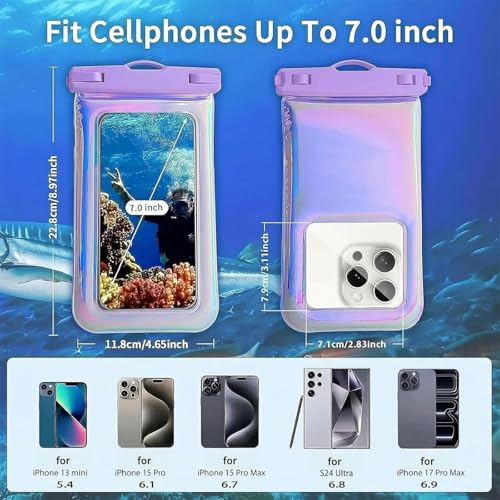 Floatable Waterproof Phone Pouch for iPhone 17 16 Pro Max/15/14/13, IP68 Travel Cellphone Dry Bag Beach Cruise Ship Essentials Bags with Crossbody Lanyard, Iridescent Purple and Pink-7″2 Pax - color: A1-Iridescent Purple and Pink
