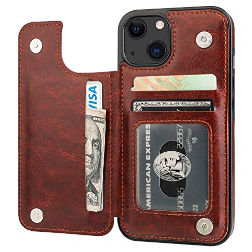 ONETOP for iPhone 13 Wallet Case with Card Holder,Brown | Kickstand,ID/Cash Holder,Case Wallet with Card Slots,Double Magnetic Clasp,Durable PU Leather Shockproof Cover for Women Men - color: Brown