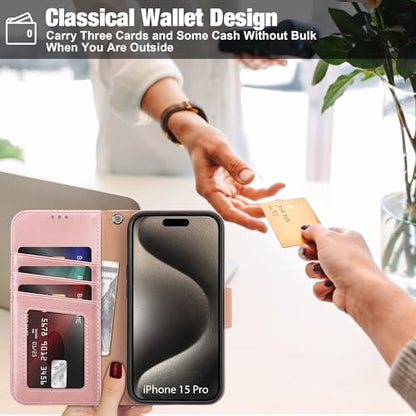 Arae Compatible with iPhone 15 Pro Case with Card Holder and Wrist Strap Wallet Flip Cover for iPhone 15 Pro 6.1 inch,Rose Gold - color: Rose Gold, size: iPhone 15 Pro 6.1 inch