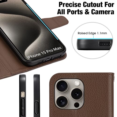 Arae Compatible with iPhone 15 Pro Max Case with Card Holder and Wrist Strap Wallet Flip Cover for iPhone 15 Pro Max 6.7 inch Men RFID Blocking, Wristlet, Kickstand,Litchi Brown - color: Litchi Brown, size: iPhone 15 Pro Max 6.7 inch