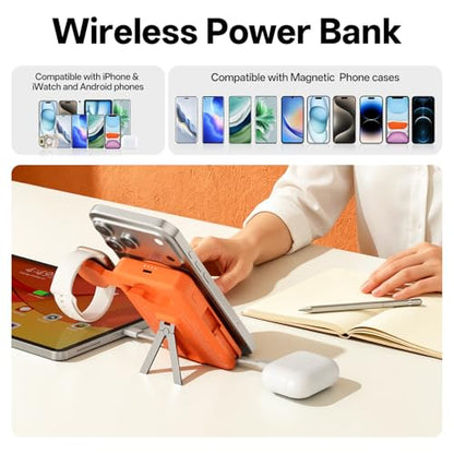 Q Magnetic Wireless Portable Charger 10,000mAh, Travel Essentials Power Bank with Built-in Cables & Foldable Stand, External Battery Pack Compatible with iPhone 17/16/15/14/13/12, Apple Watch - color: Orange