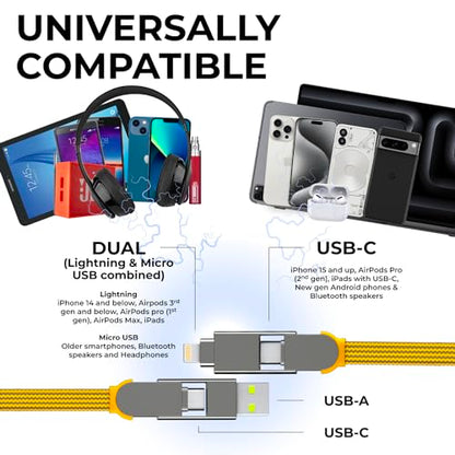 inCharge Rolling Square XL 30 cm - USB-C Cable, Universal Smartphone Cable, Gift for Men, 6-in-1 Universal Charger for Smartphones, Technical Gadget, Yellow, Lightning Cable 100W - color: yellow