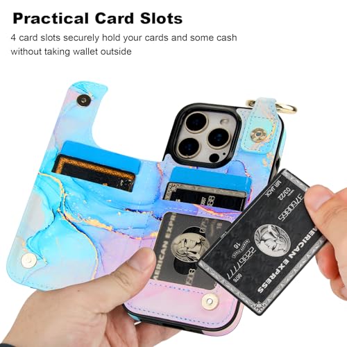 HAOPINSH for iPhone 16 Pro Wallet Case with Card Holder, Pink Blue Marble Print Back Flip Folio PU Leather Kickstand Card Slots Case, Finger Grip Ring Double Magnetic Clasp Shockproof 6.3" - color: Pink Blue Marble Grip Ring